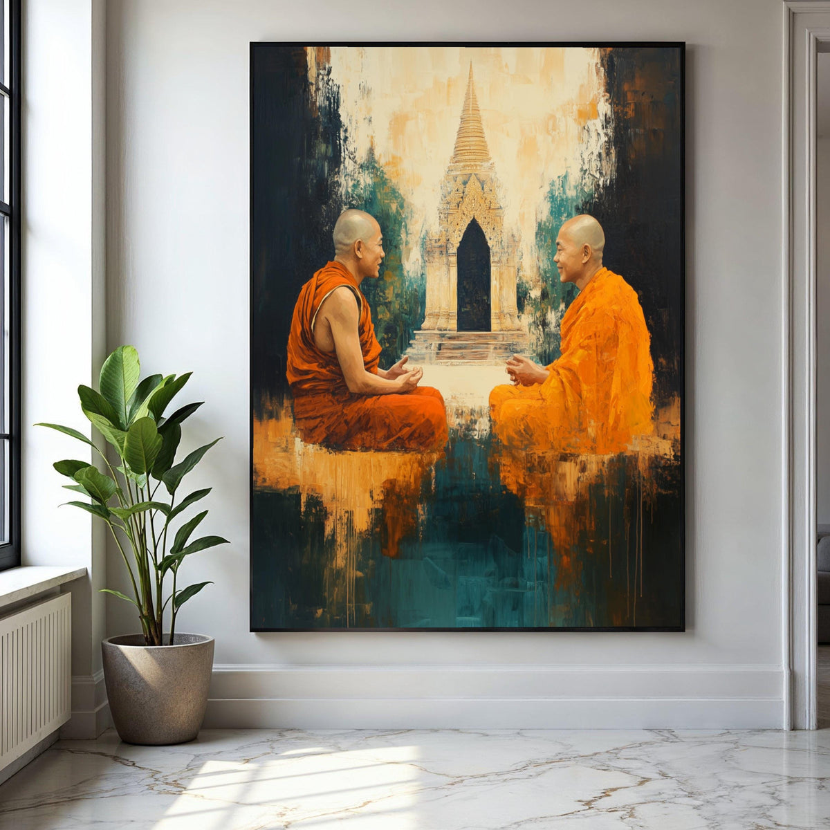 Two Buddhist Monks Meditation Canvas, Asian Temple Wall Art, Spiritual Home Decor, Orange Robes Artwork, Gift Art, Home Decor, Print