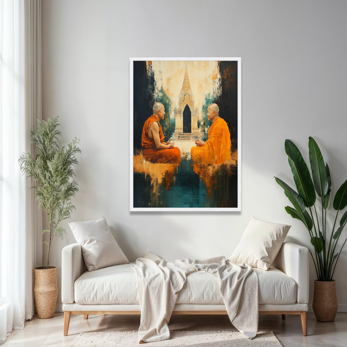 Two Buddhist Monks Meditation Canvas, Asian Temple Wall Art, Spiritual Home Decor, Orange Robes Artwork, Gift Art, Home Decor, Print