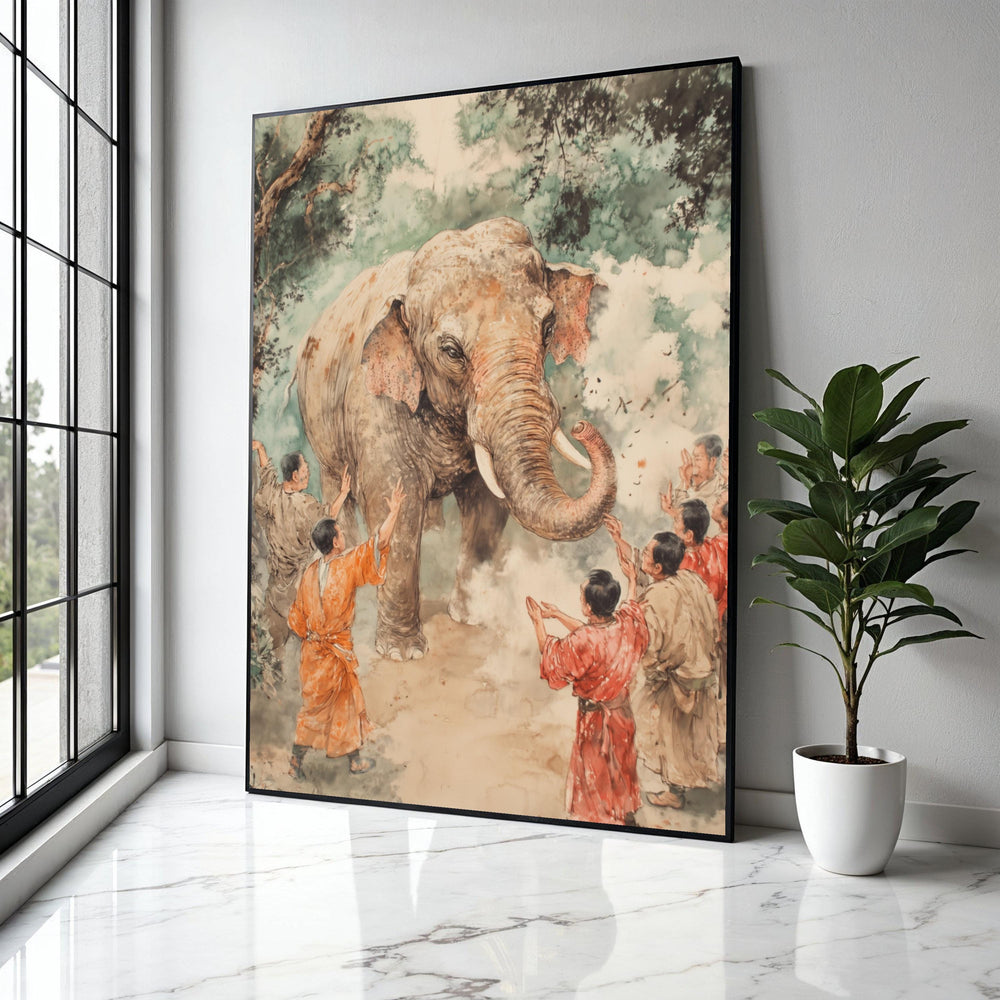 Gentle Elephant Encounter Canvas, Traditional Asian Art, Wildlife and People Scene, Hand Painted Style, Nature Gift Art, Home Decor, Print