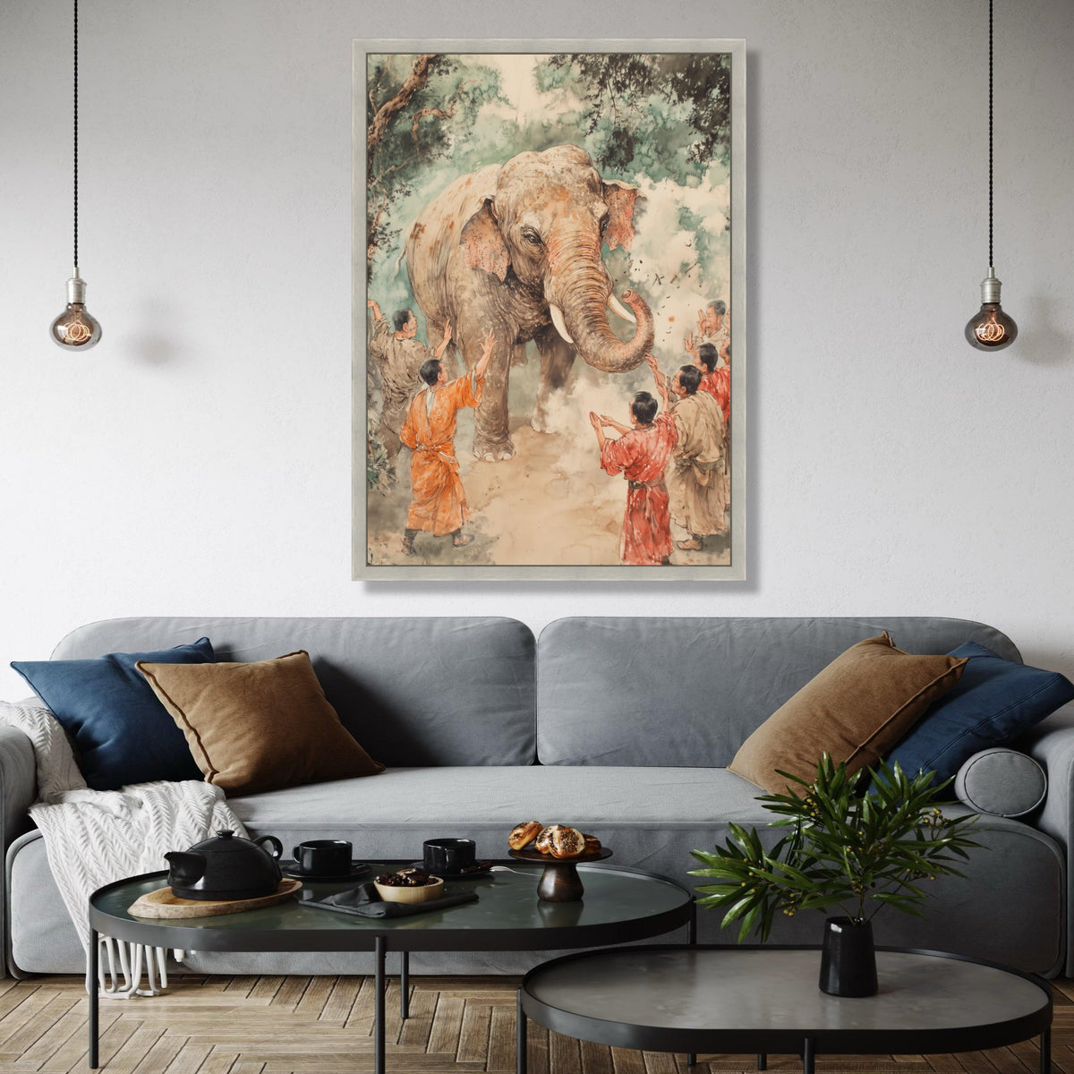 Gentle Elephant Encounter Canvas, Traditional Asian Art, Wildlife and People Scene, Hand Painted Style, Nature Gift Art, Home Decor, Print