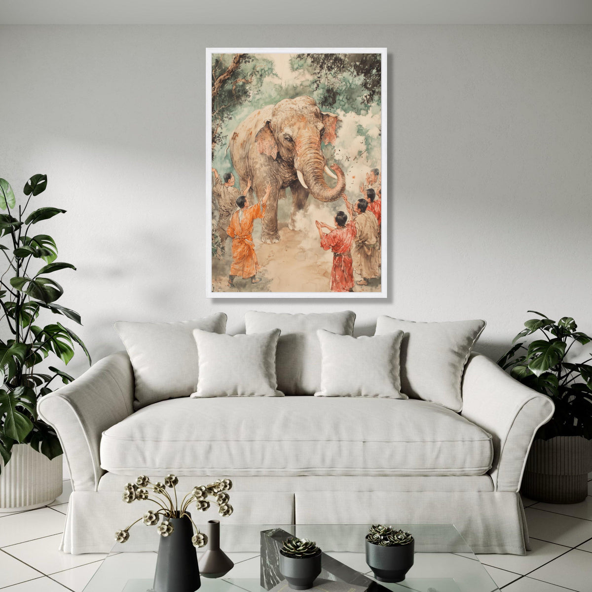 Gentle Elephant Encounter Canvas, Traditional Asian Art, Wildlife and People Scene, Hand Painted Style, Nature Gift Art, Home Decor, Print
