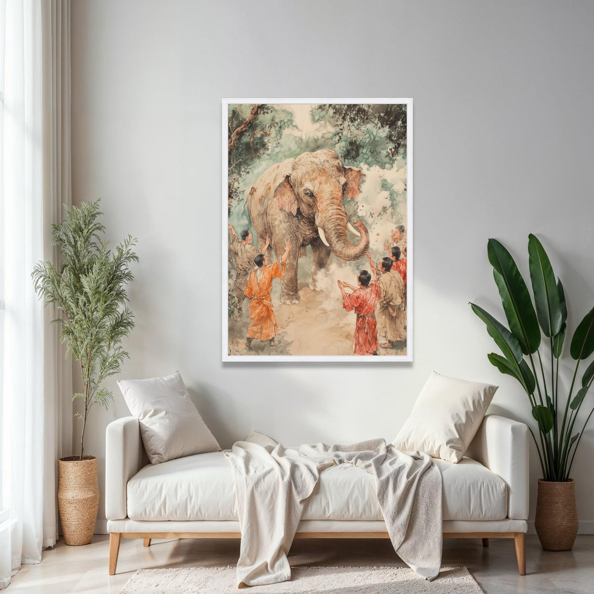 Gentle Elephant Encounter Canvas, Traditional Asian Art, Wildlife and People Scene, Hand Painted Style, Nature Gift Art, Home Decor, Print
