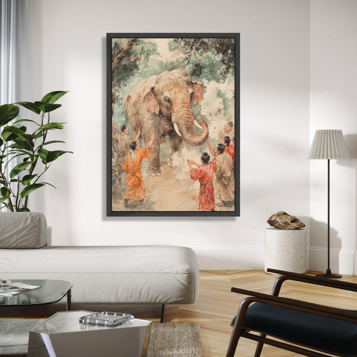 Gentle Elephant Encounter Canvas, Traditional Asian Art, Wildlife and People Scene, Hand Painted Style, Nature Gift Art, Home Decor, Print