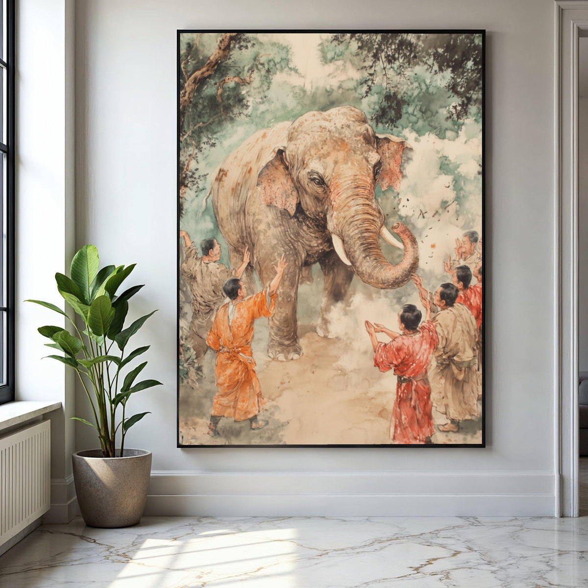 Gentle Elephant Encounter Canvas, Traditional Asian Art, Wildlife and People Scene, Hand Painted Style, Nature Gift Art, Home Decor, Print