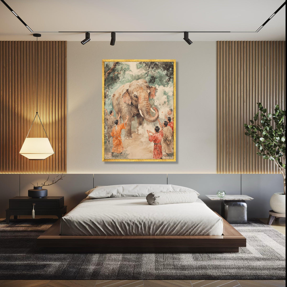 Gentle Elephant Encounter Canvas, Traditional Asian Art, Wildlife and People Scene, Hand Painted Style, Nature Gift Art, Home Decor, Print