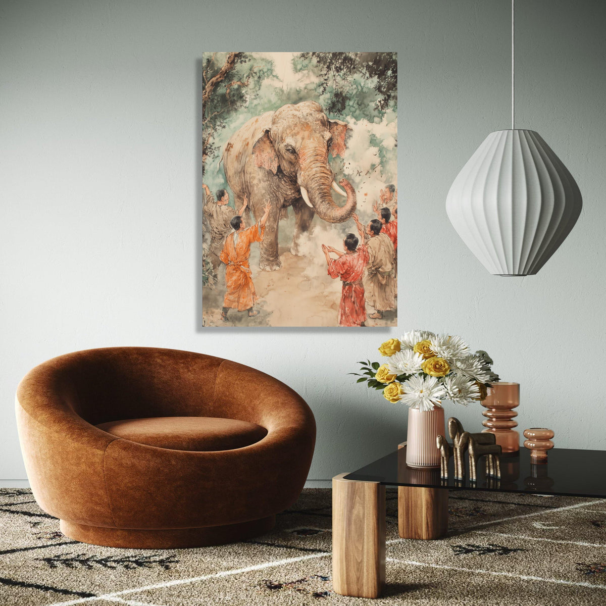 Gentle Elephant Encounter Canvas, Traditional Asian Art, Wildlife and People Scene, Hand Painted Style, Nature Gift Art, Home Decor, Print