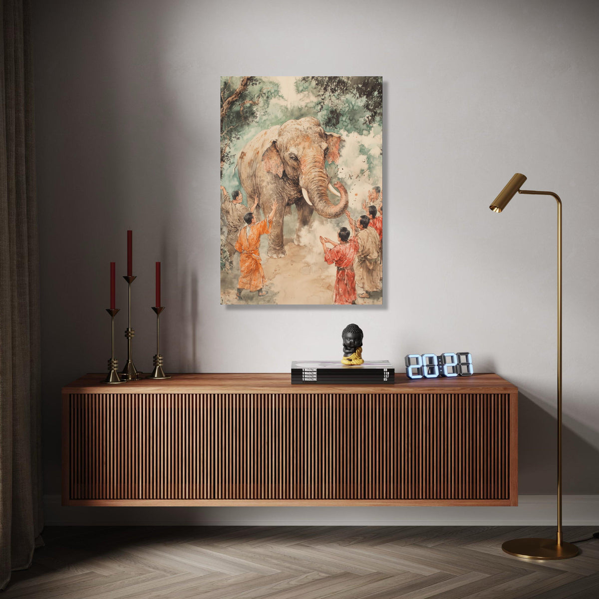 Gentle Elephant Encounter Canvas, Traditional Asian Art, Wildlife and People Scene, Hand Painted Style, Nature Gift Art, Home Decor, Print