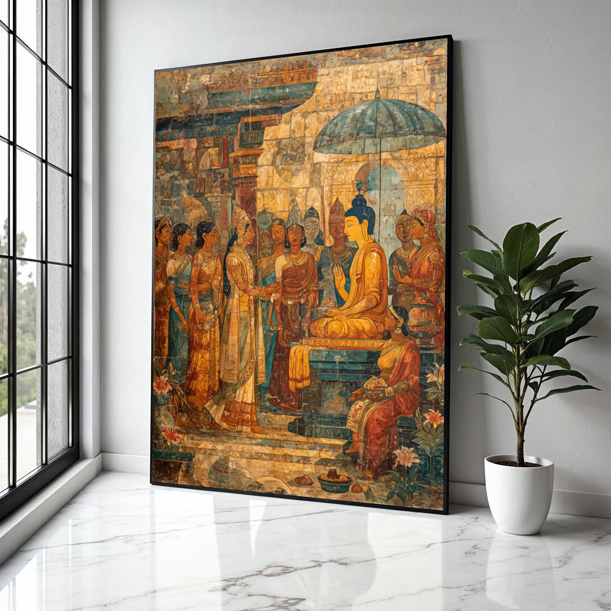 Ancient Buddhist Mural Canvas Wall Art, South Asian Historical Painting, Spiritual Home Décor, Meditation Room Gift Art, Home Decor, Print