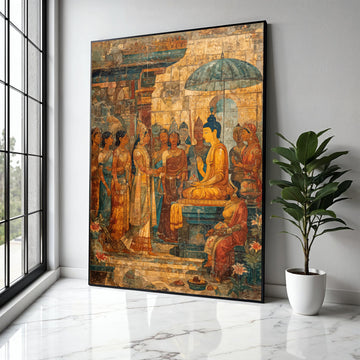 Ancient Buddhist Mural Canvas Wall Art, South Asian Historical Painting, Spiritual Home Décor, Meditation Room Gift Art, Home Decor, Print