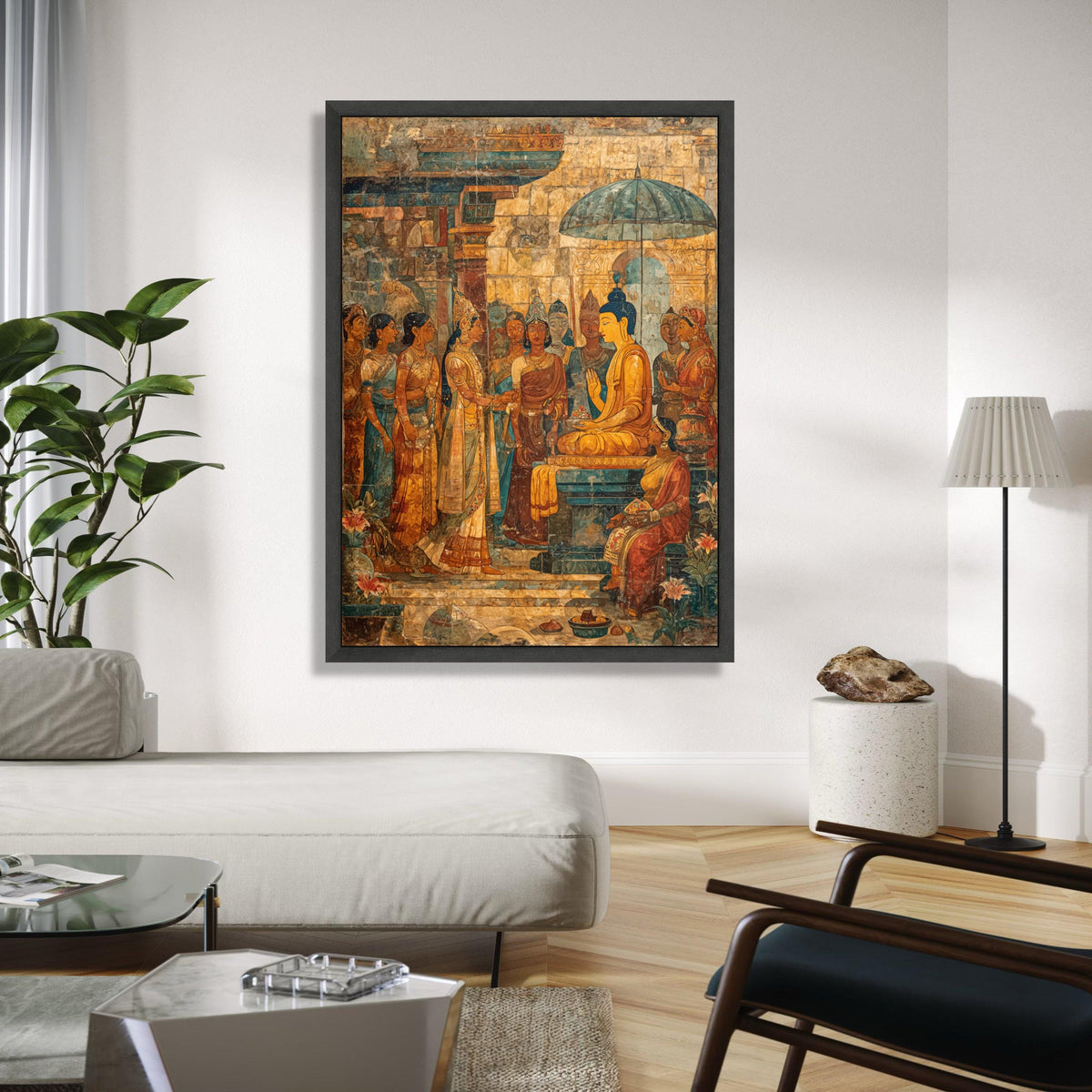Ancient Buddhist Mural Canvas Wall Art, South Asian Historical Painting, Spiritual Home Décor, Meditation Room Gift Art, Home Decor, Print