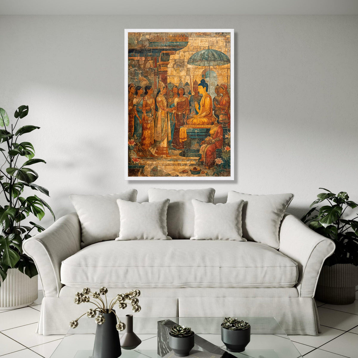 Ancient Buddhist Mural Canvas Wall Art, South Asian Historical Painting, Spiritual Home Décor, Meditation Room Gift Art, Home Decor, Print