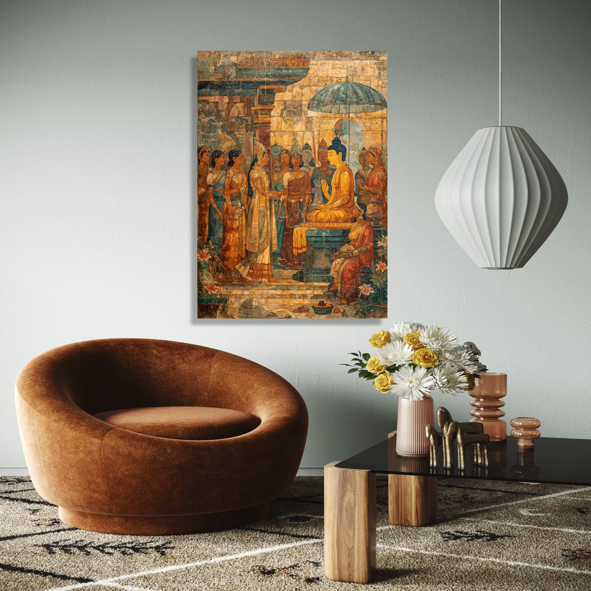 Ancient Buddhist Mural Canvas Wall Art, South Asian Historical Painting, Spiritual Home Décor, Meditation Room Gift Art, Home Decor, Print