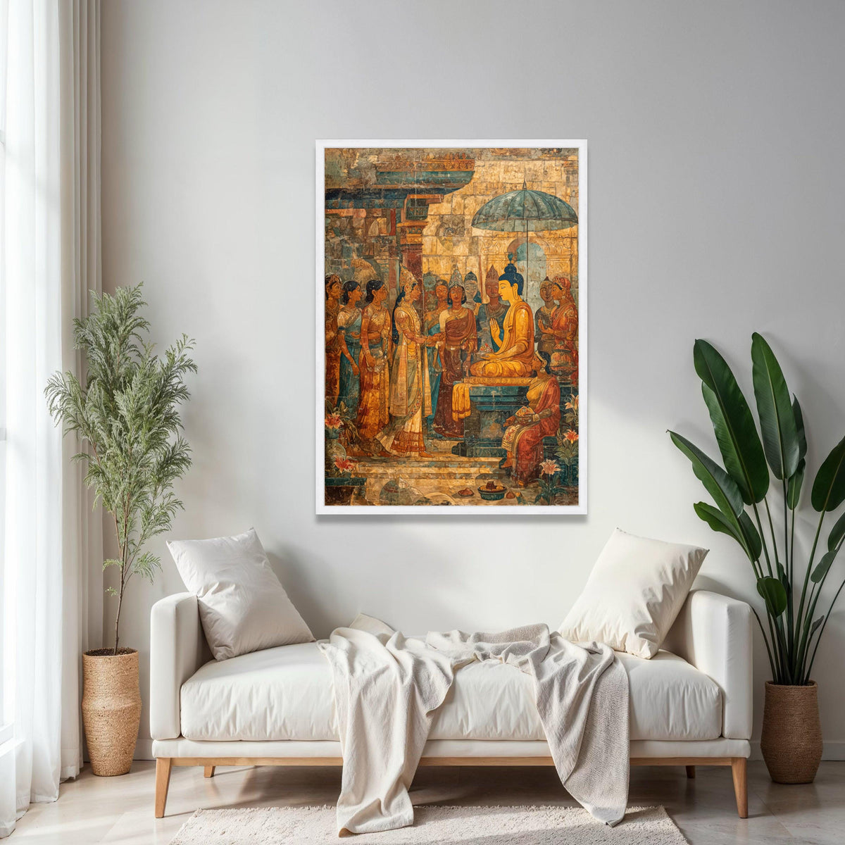 Ancient Buddhist Mural Canvas Wall Art, South Asian Historical Painting, Spiritual Home Décor, Meditation Room Gift Art, Home Decor, Print