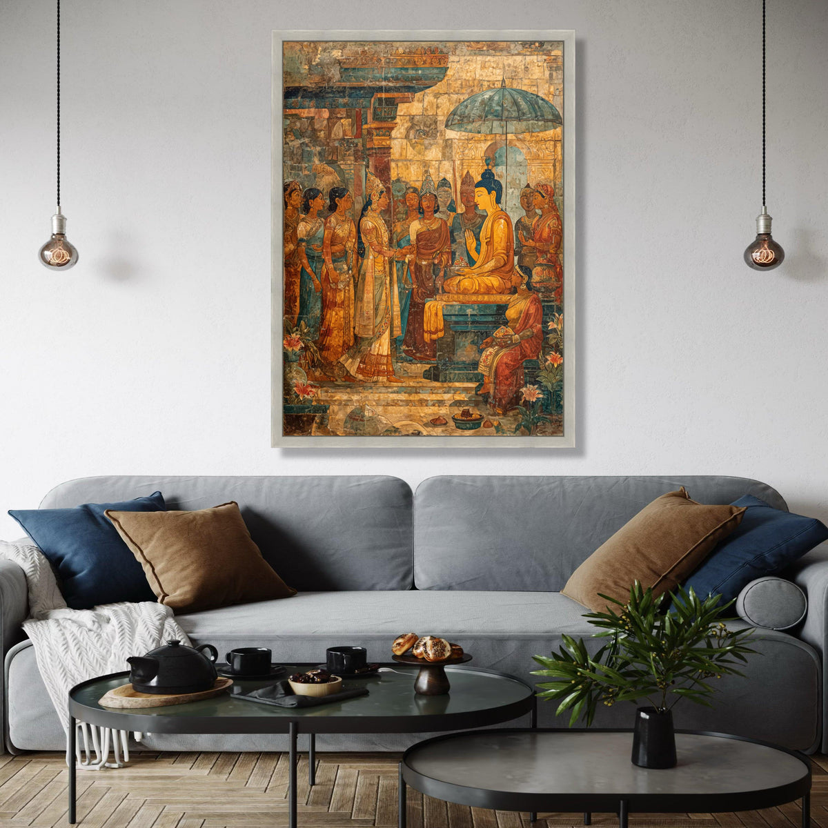 Ancient Buddhist Mural Canvas Wall Art, South Asian Historical Painting, Spiritual Home Décor, Meditation Room Gift Art, Home Decor, Print
