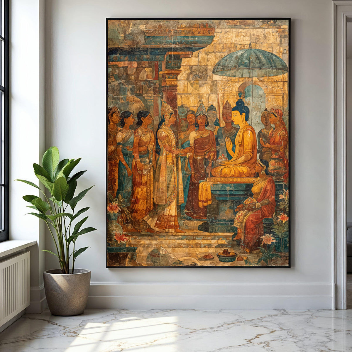 Ancient Buddhist Mural Canvas Wall Art, South Asian Historical Painting, Spiritual Home Décor, Meditation Room Gift Art, Home Decor, Print
