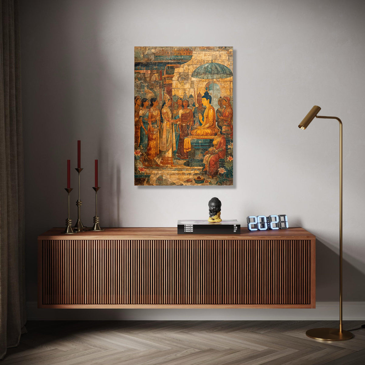 Ancient Buddhist Mural Canvas Wall Art, South Asian Historical Painting, Spiritual Home Décor, Meditation Room Gift Art, Home Decor, Print