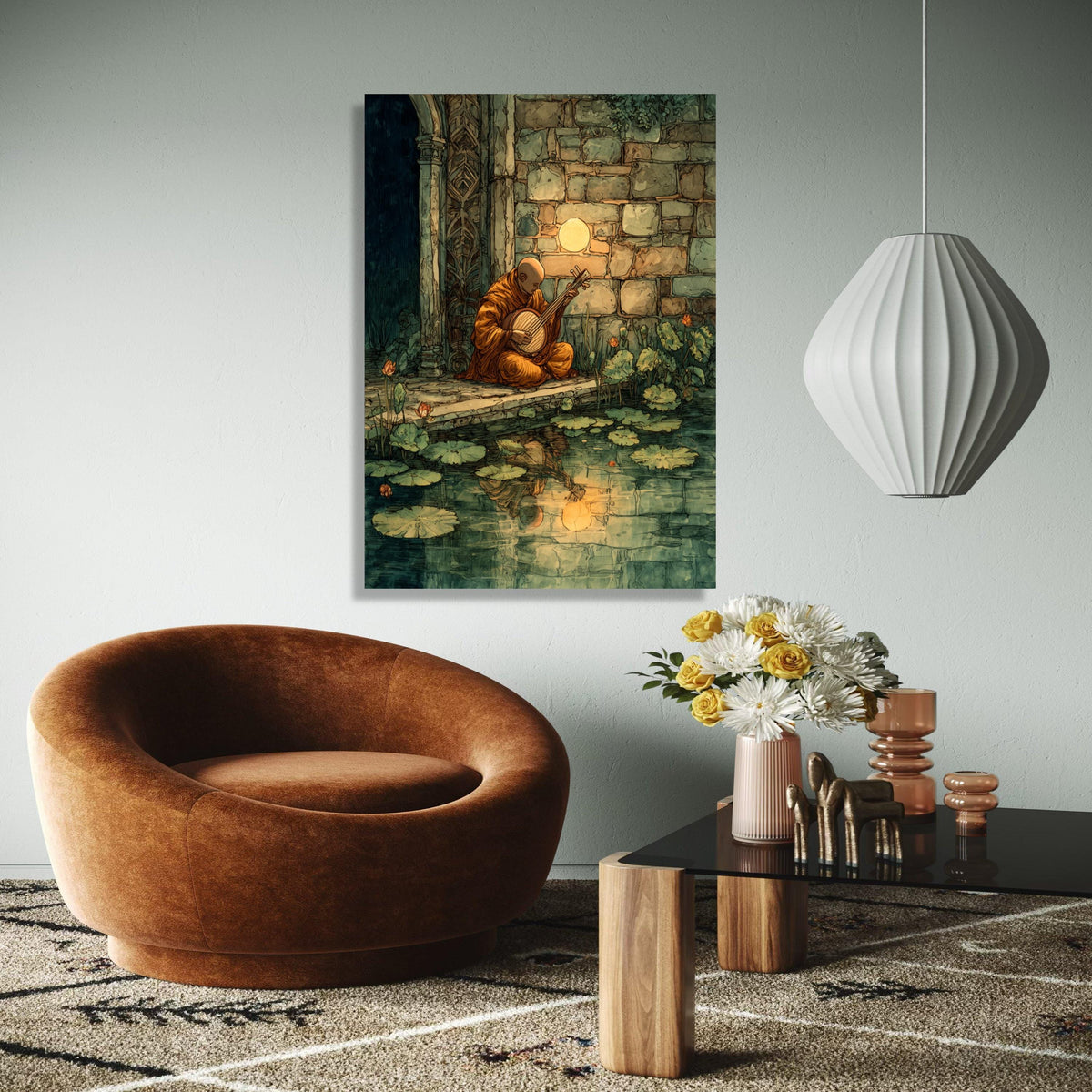 Serene Monk Playing Instrument, Tranquil Pond Reflection Canvas, Ancient Stone Wall Art, Meditation Music Scene, Gift Art, Home Decor, Print
