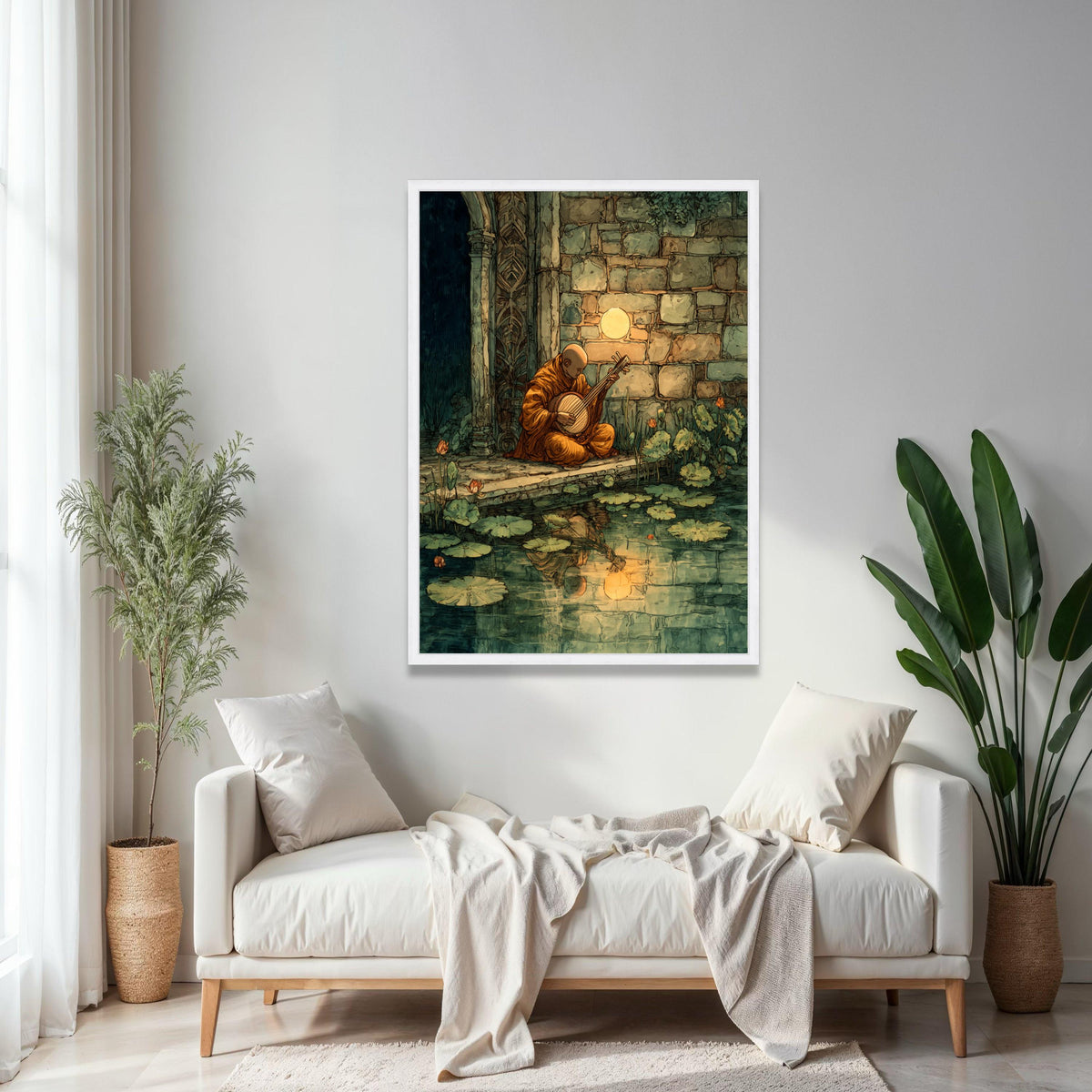 Serene Monk Playing Instrument, Tranquil Pond Reflection Canvas, Ancient Stone Wall Art, Meditation Music Scene, Gift Art, Home Decor, Print