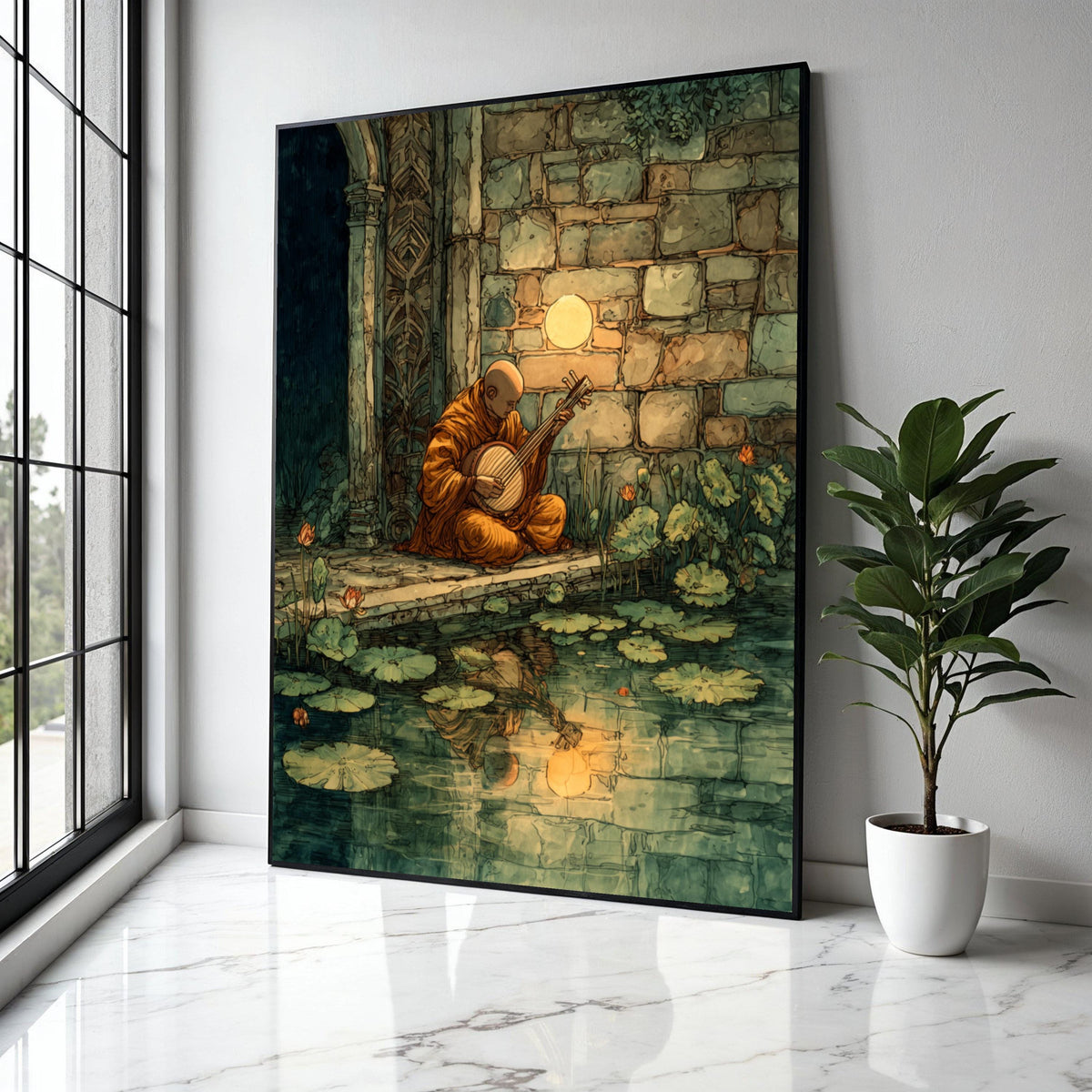 Serene Monk Playing Instrument, Tranquil Pond Reflection Canvas, Ancient Stone Wall Art, Meditation Music Scene, Gift Art, Home Decor, Print