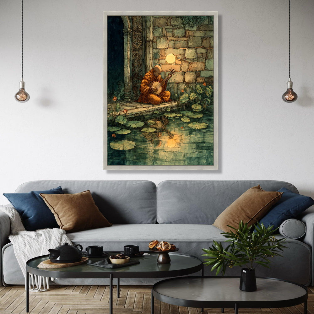Serene Monk Playing Instrument, Tranquil Pond Reflection Canvas, Ancient Stone Wall Art, Meditation Music Scene, Gift Art, Home Decor, Print