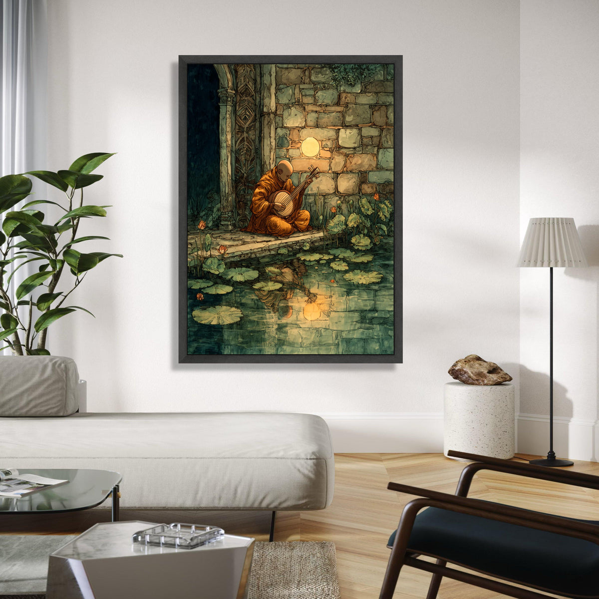 Serene Monk Playing Instrument, Tranquil Pond Reflection Canvas, Ancient Stone Wall Art, Meditation Music Scene, Gift Art, Home Decor, Print