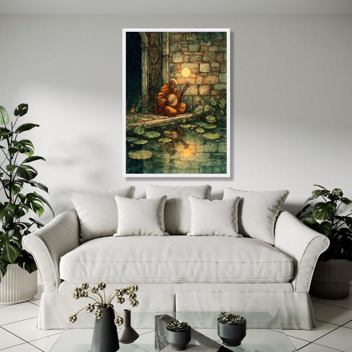 Serene Monk Playing Instrument, Tranquil Pond Reflection Canvas, Ancient Stone Wall Art, Meditation Music Scene, Gift Art, Home Decor, Print