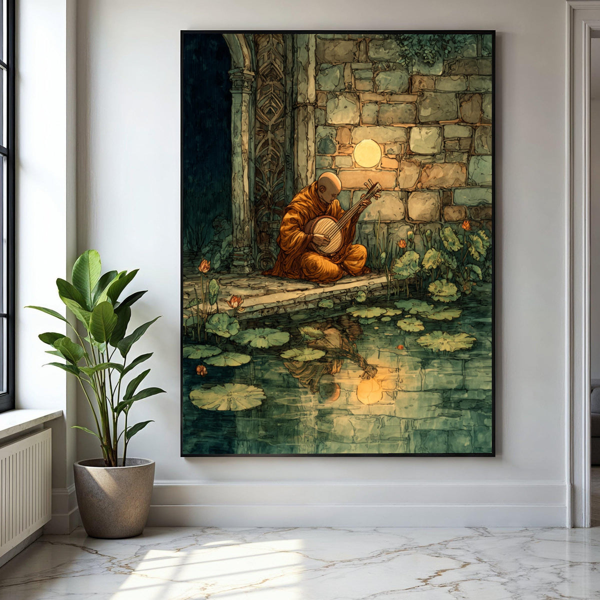 Serene Monk Playing Instrument, Tranquil Pond Reflection Canvas, Ancient Stone Wall Art, Meditation Music Scene, Gift Art, Home Decor, Print
