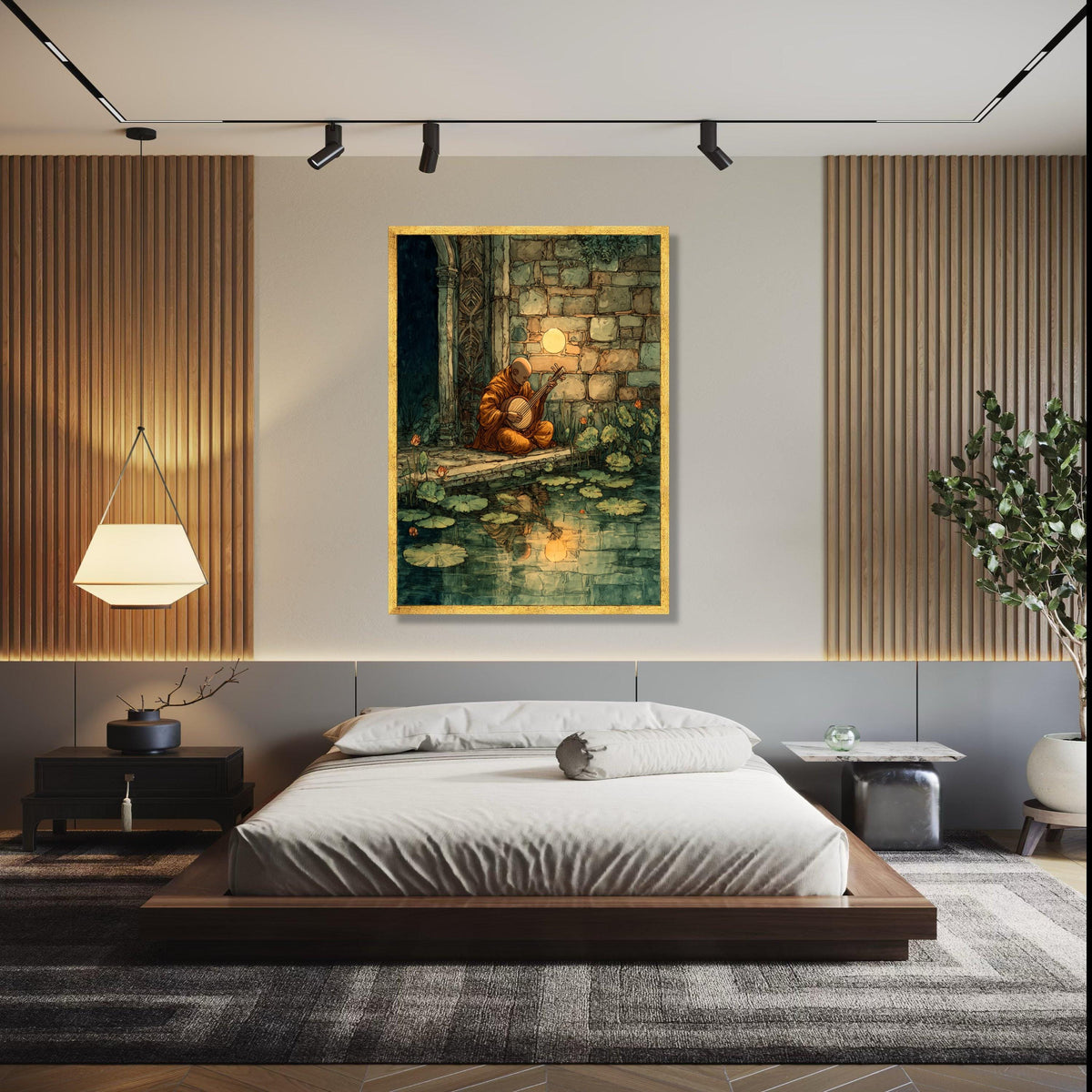 Serene Monk Playing Instrument, Tranquil Pond Reflection Canvas, Ancient Stone Wall Art, Meditation Music Scene, Gift Art, Home Decor, Print