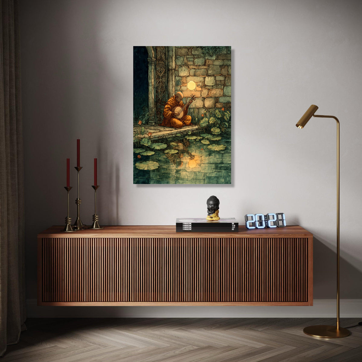 Serene Monk Playing Instrument, Tranquil Pond Reflection Canvas, Ancient Stone Wall Art, Meditation Music Scene, Gift Art, Home Decor, Print