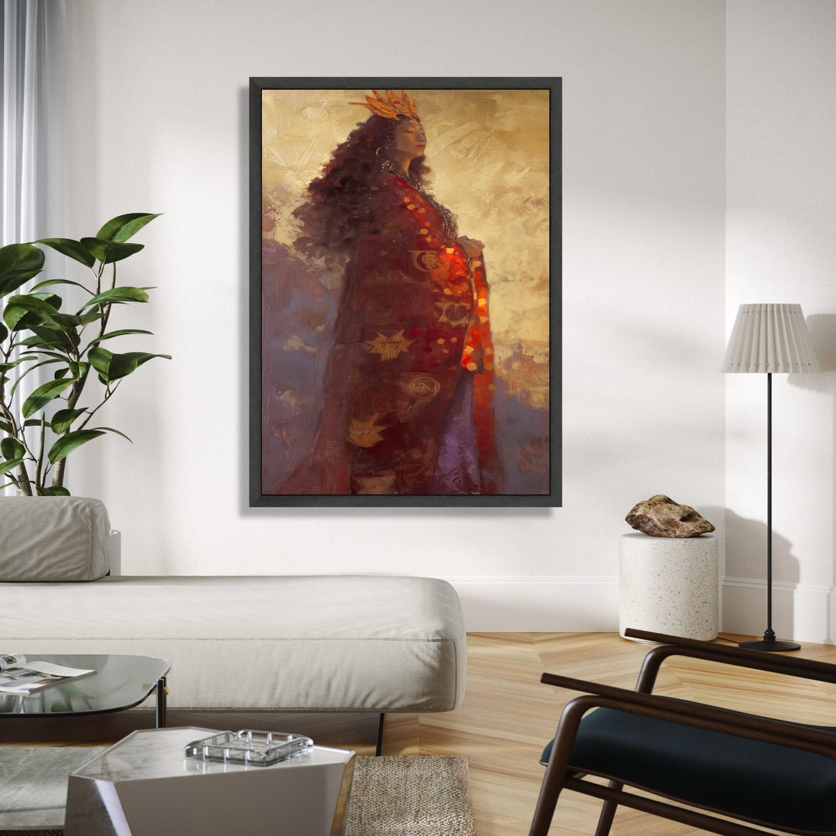 Regal Woman Portrait Canvas, Ethereal Queen Wall Art, Golden Crown Painting, Mystical Figure Home Decor, Elegant Gift Art, Home Decor, Print