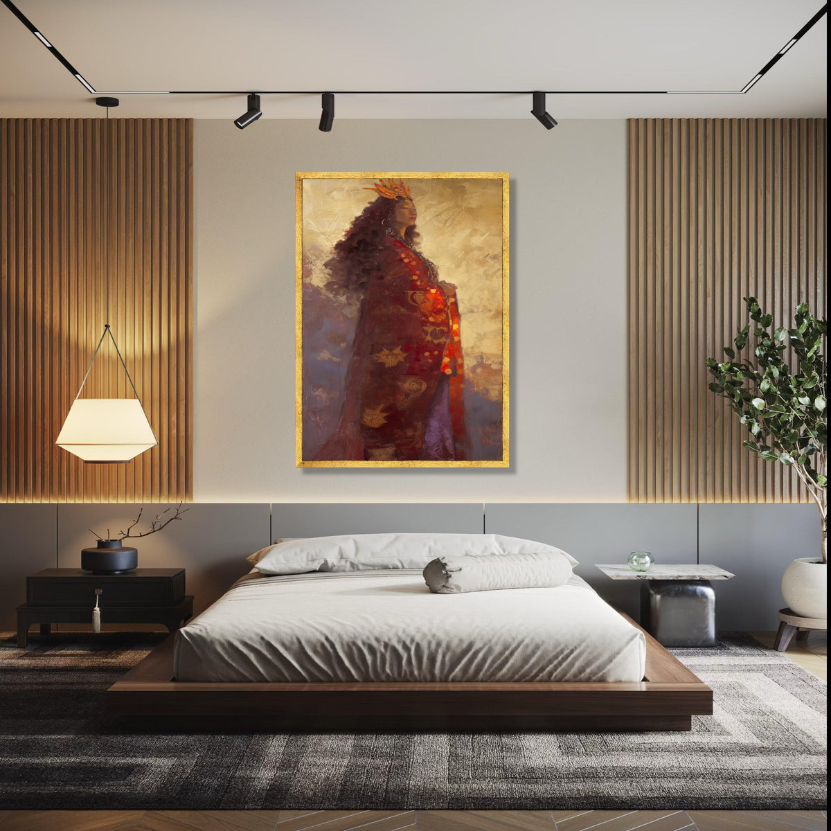 Regal Woman Portrait Canvas, Ethereal Queen Wall Art, Golden Crown Painting, Mystical Figure Home Decor, Elegant Gift Art, Home Decor, Print