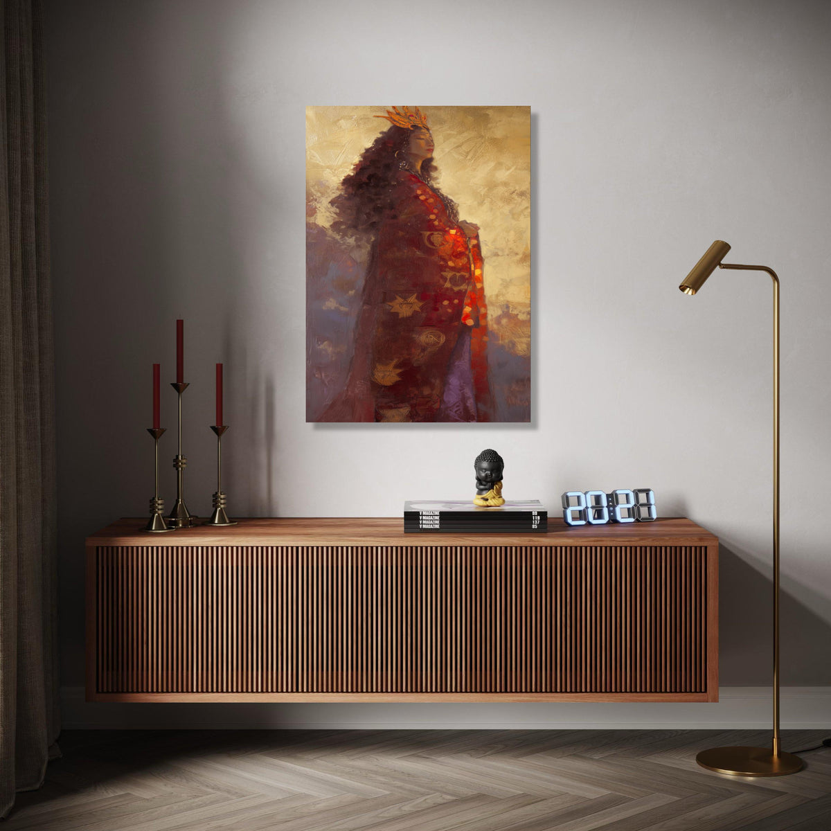 Regal Woman Portrait Canvas, Ethereal Queen Wall Art, Golden Crown Painting, Mystical Figure Home Decor, Elegant Gift Art, Home Decor, Print
