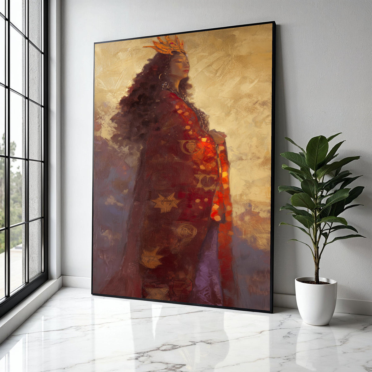 Regal Woman Portrait Canvas, Ethereal Queen Wall Art, Golden Crown Painting, Mystical Figure Home Decor, Elegant Gift Art, Home Decor, Print