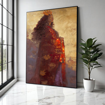 Regal Woman Portrait Canvas, Ethereal Queen Wall Art, Golden Crown Painting, Mystical Figure Home Decor, Elegant Gift Art, Home Decor, Print