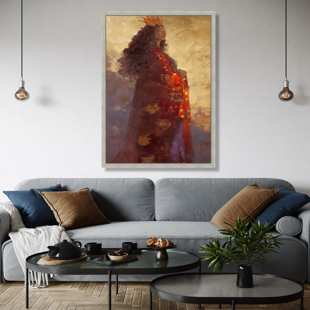 Regal Woman Portrait Canvas, Ethereal Queen Wall Art, Golden Crown Painting, Mystical Figure Home Decor, Elegant Gift Art, Home Decor, Print