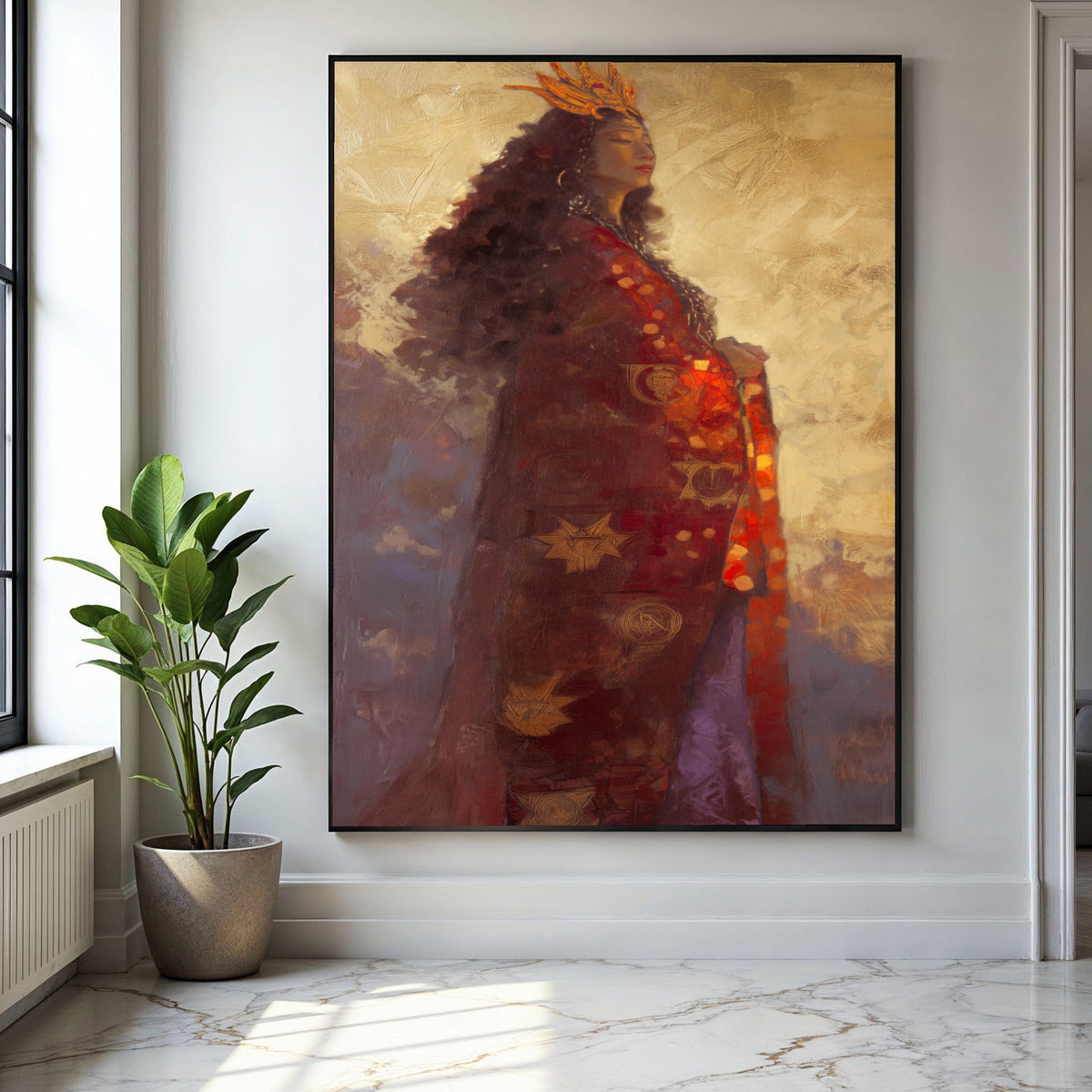 Regal Woman Portrait Canvas, Ethereal Queen Wall Art, Golden Crown Painting, Mystical Figure Home Decor, Elegant Gift Art, Home Decor, Print