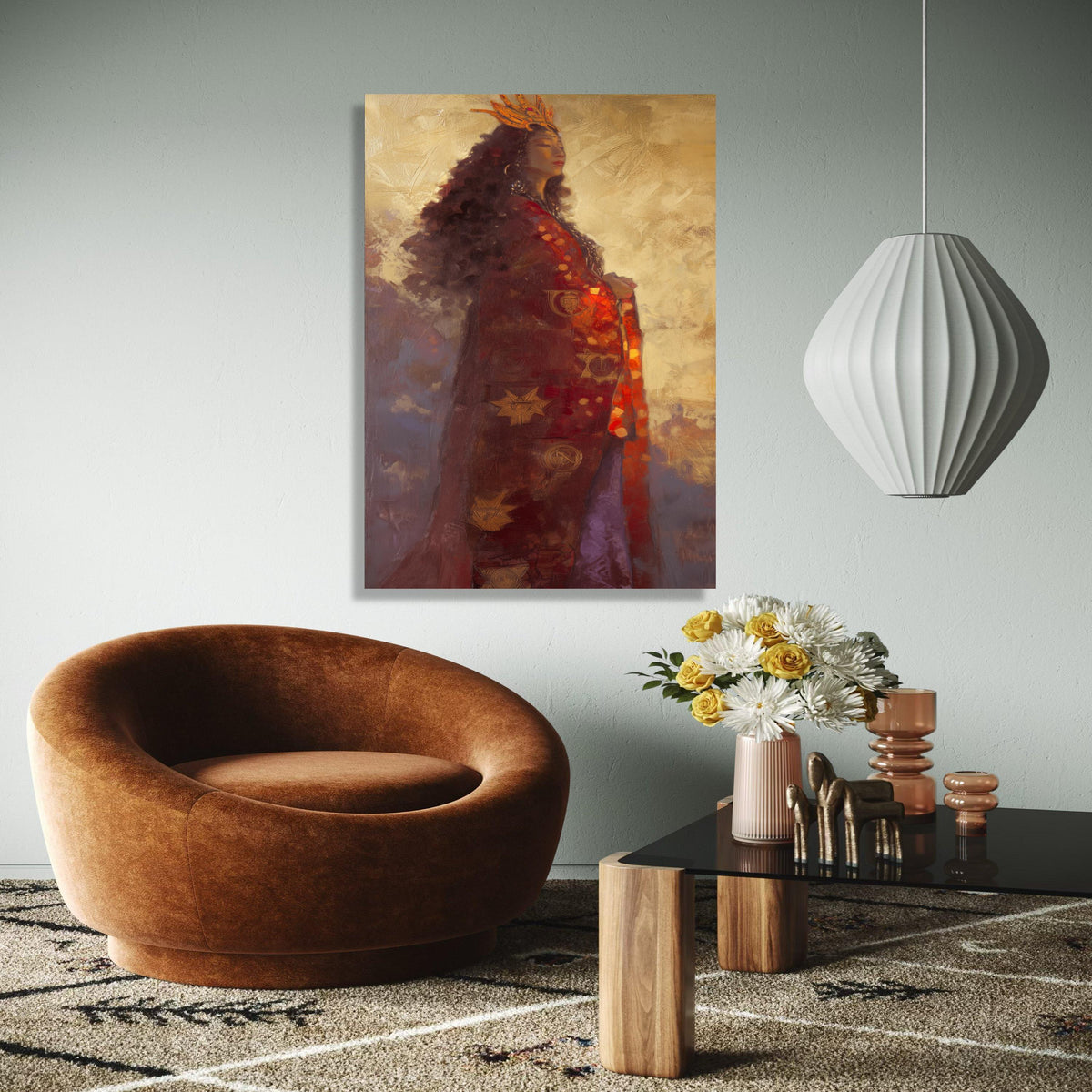 Regal Woman Portrait Canvas, Ethereal Queen Wall Art, Golden Crown Painting, Mystical Figure Home Decor, Elegant Gift Art, Home Decor, Print