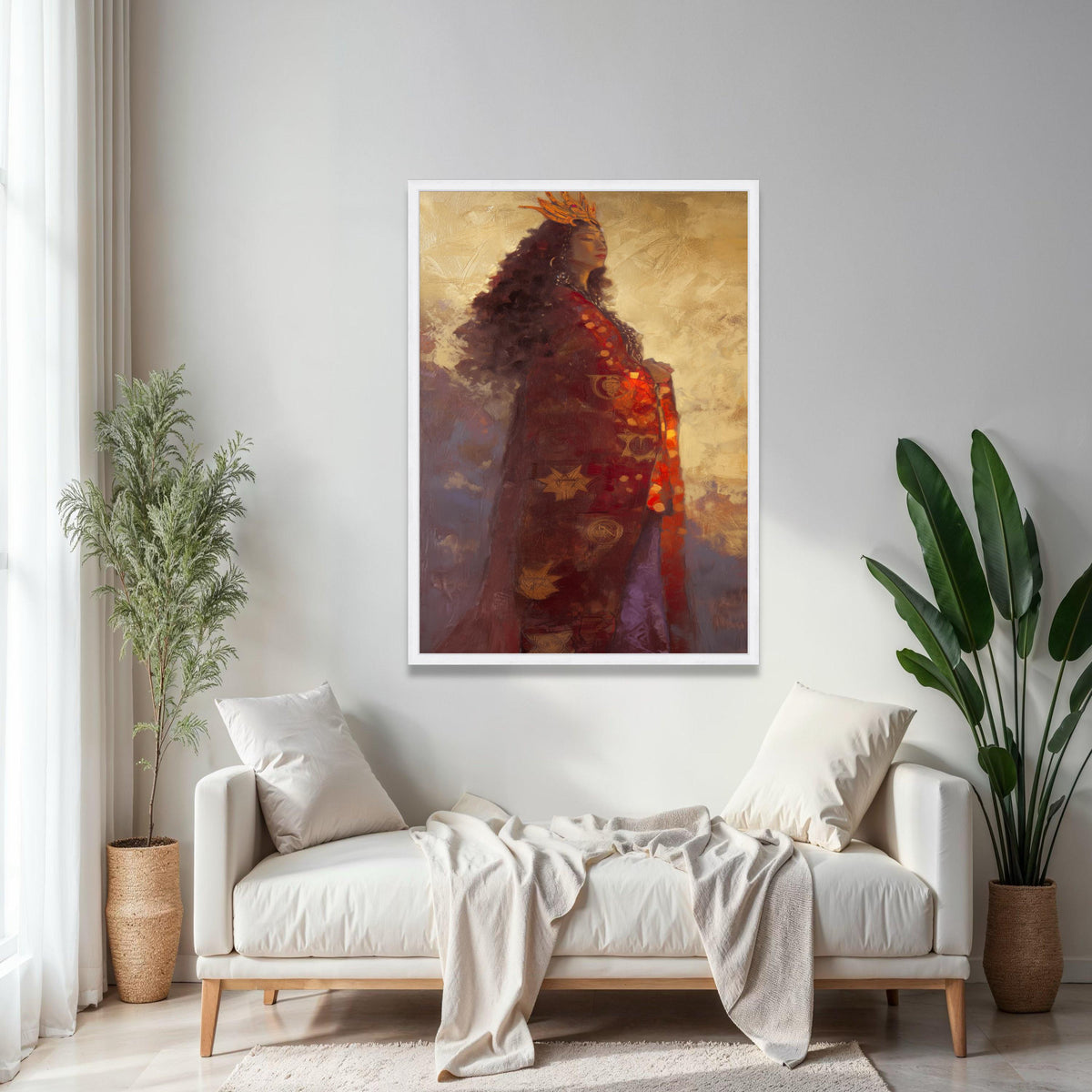 Regal Woman Portrait Canvas, Ethereal Queen Wall Art, Golden Crown Painting, Mystical Figure Home Decor, Elegant Gift Art, Home Decor, Print