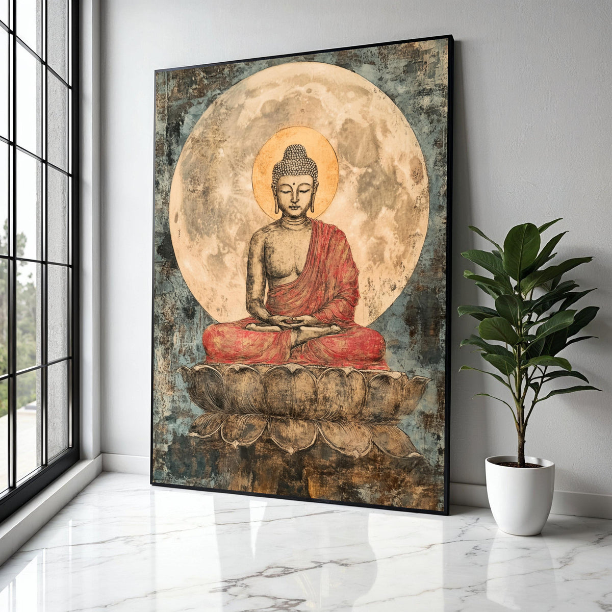 Serene Buddha Meditation Canvas, Spiritual Wall Art, Lotus Seat Painting, Zen Decor, Mindfulness Art, Peaceful Gift Art, Home Decor, Print