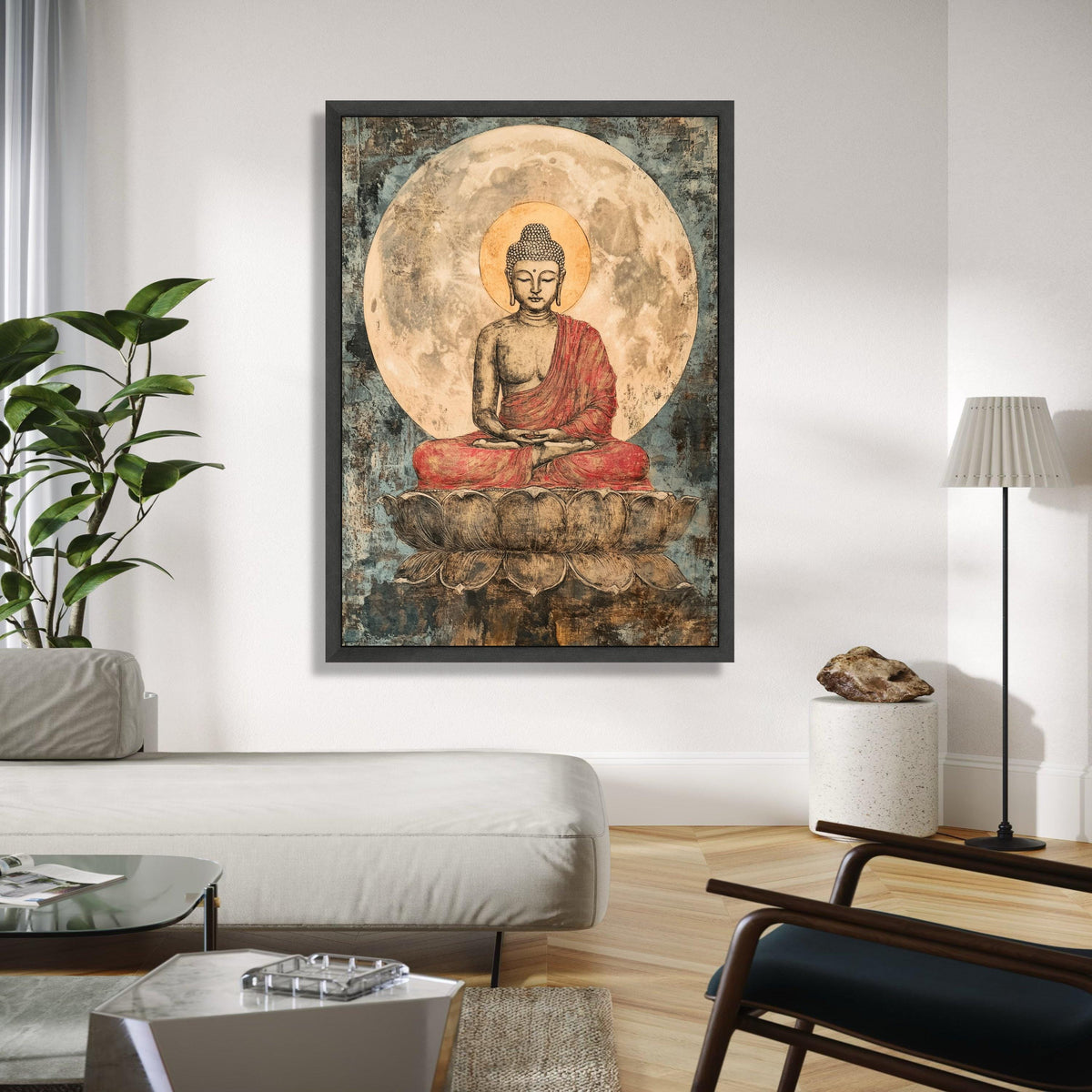 Serene Buddha Meditation Canvas, Spiritual Wall Art, Lotus Seat Painting, Zen Decor, Mindfulness Art, Peaceful Gift Art, Home Decor, Print