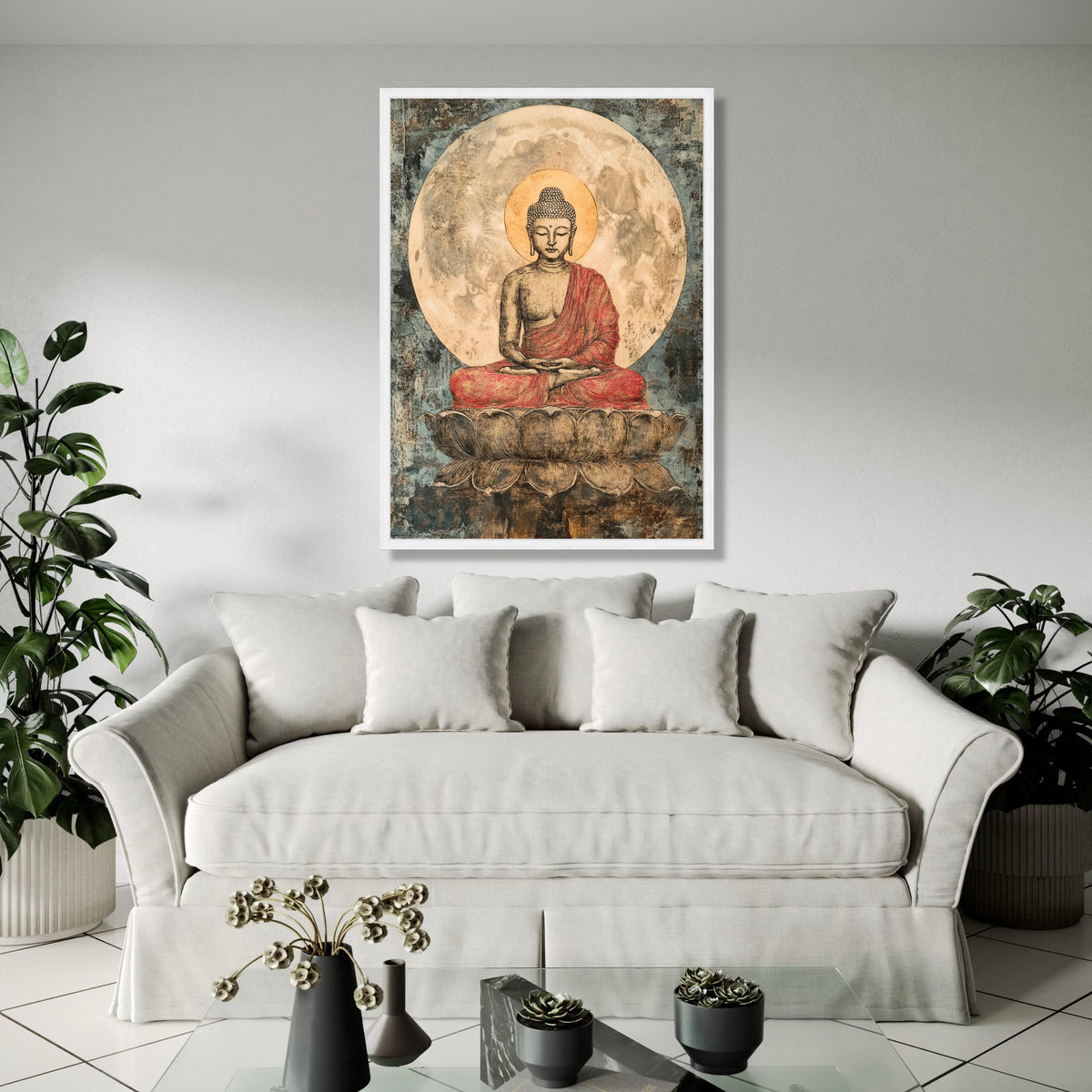 Serene Buddha Meditation Canvas, Spiritual Wall Art, Lotus Seat Painting, Zen Decor, Mindfulness Art, Peaceful Gift Art, Home Decor, Print