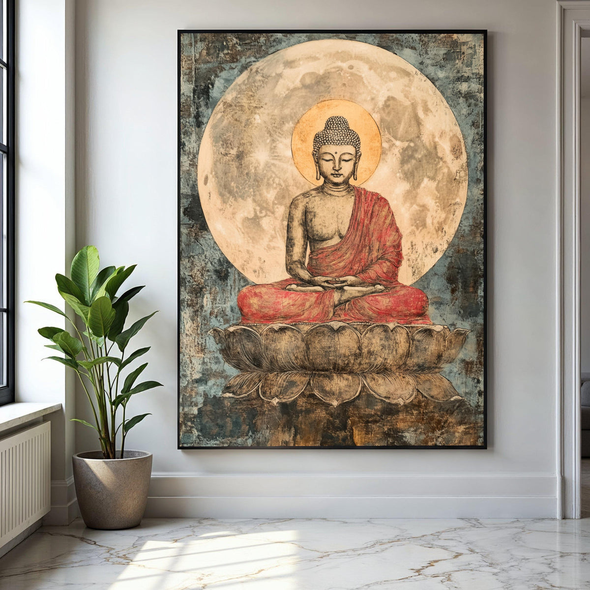 Serene Buddha Meditation Canvas, Spiritual Wall Art, Lotus Seat Painting, Zen Decor, Mindfulness Art, Peaceful Gift Art, Home Decor, Print