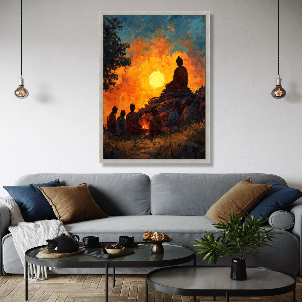 Meditative Monk Silhouette at Sunset, Spiritual Canvas Wall Art, Tranquil Nature Scene, Zen Buddhist Art, Gift Art, Home Decor, Print