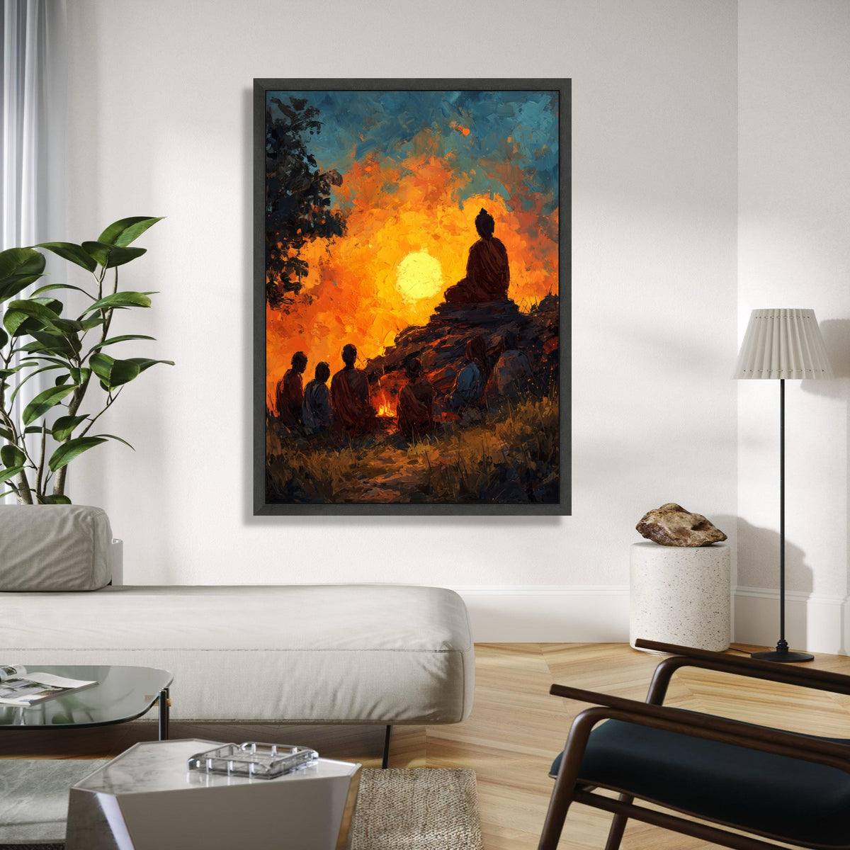 Meditative Monk Silhouette at Sunset, Spiritual Canvas Wall Art, Tranquil Nature Scene, Zen Buddhist Art, Gift Art, Home Decor, Print