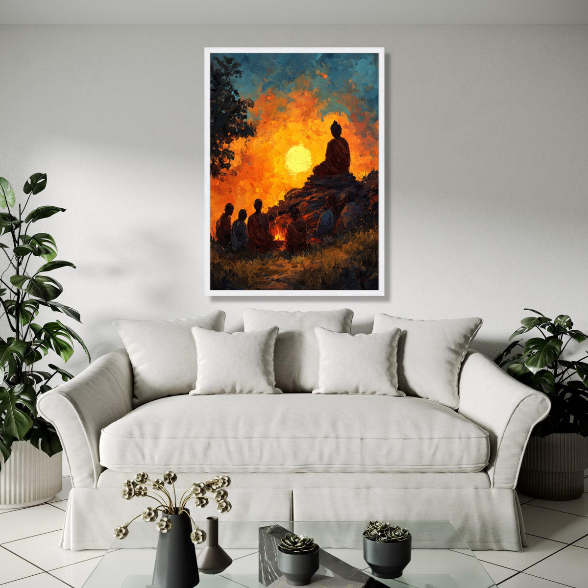 Meditative Monk Silhouette at Sunset, Spiritual Canvas Wall Art, Tranquil Nature Scene, Zen Buddhist Art, Gift Art, Home Decor, Print