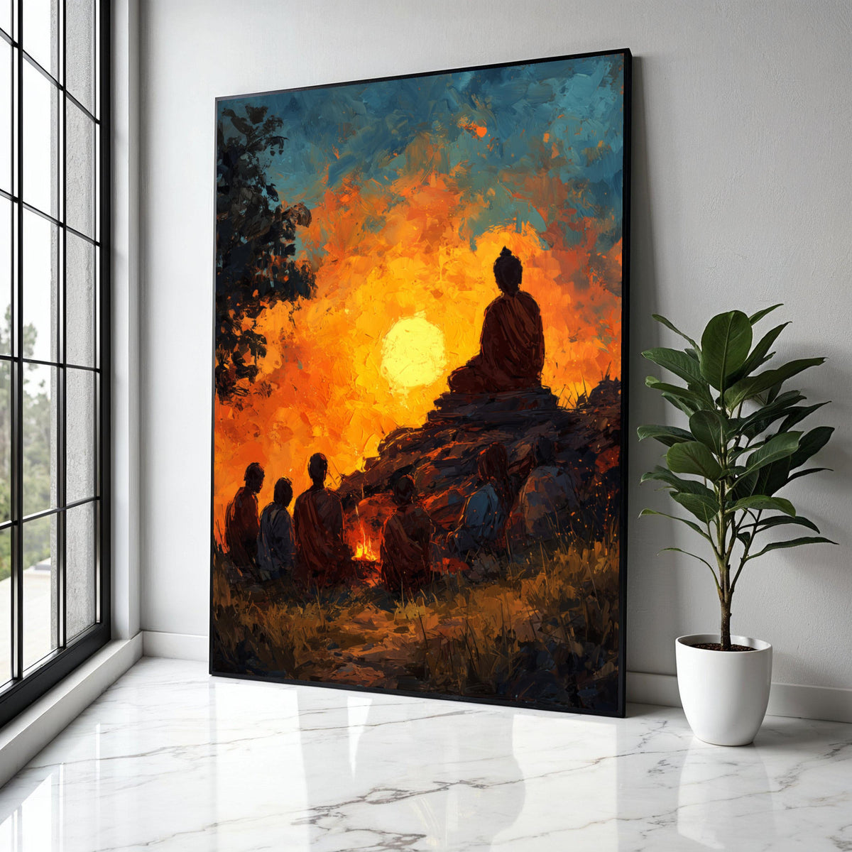 Meditative Monk Silhouette at Sunset, Spiritual Canvas Wall Art, Tranquil Nature Scene, Zen Buddhist Art, Gift Art, Home Decor, Print