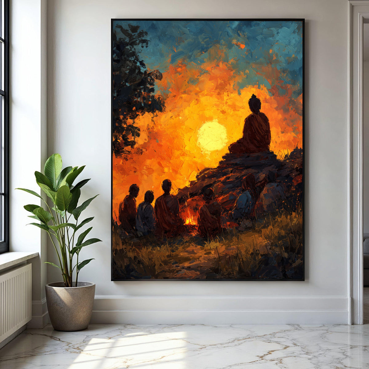 Meditative Monk Silhouette at Sunset, Spiritual Canvas Wall Art, Tranquil Nature Scene, Zen Buddhist Art, Gift Art, Home Decor, Print