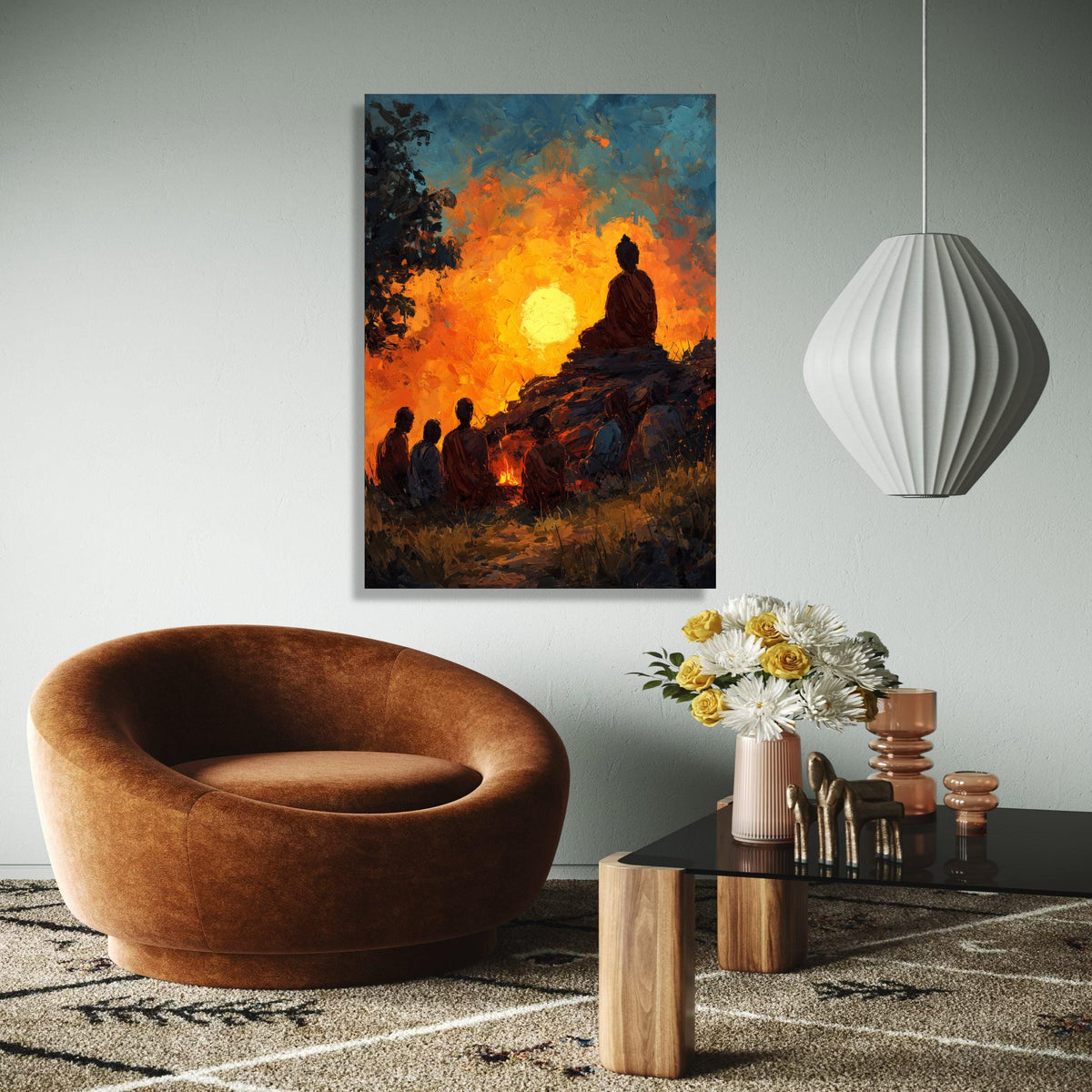 Meditative Monk Silhouette at Sunset, Spiritual Canvas Wall Art, Tranquil Nature Scene, Zen Buddhist Art, Gift Art, Home Decor, Print