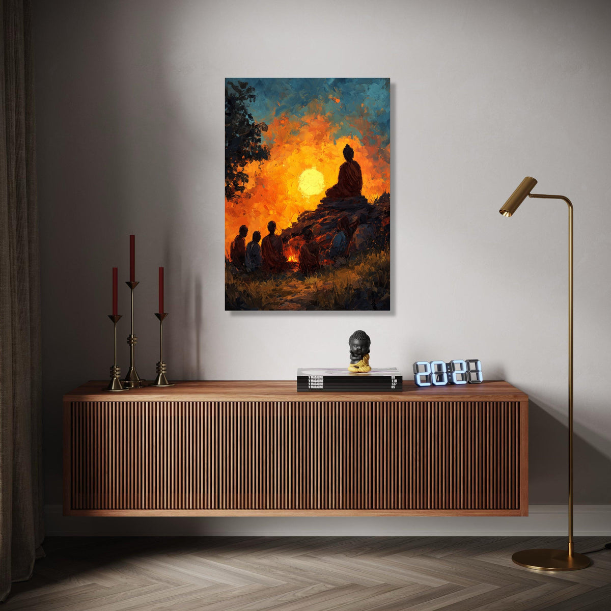 Meditative Monk Silhouette at Sunset, Spiritual Canvas Wall Art, Tranquil Nature Scene, Zen Buddhist Art, Gift Art, Home Decor, Print