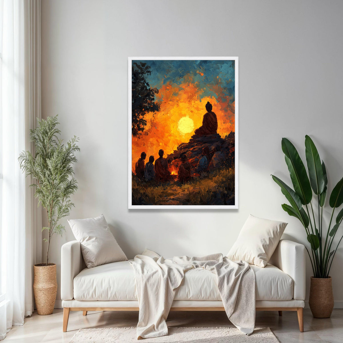 Meditative Monk Silhouette at Sunset, Spiritual Canvas Wall Art, Tranquil Nature Scene, Zen Buddhist Art, Gift Art, Home Decor, Print